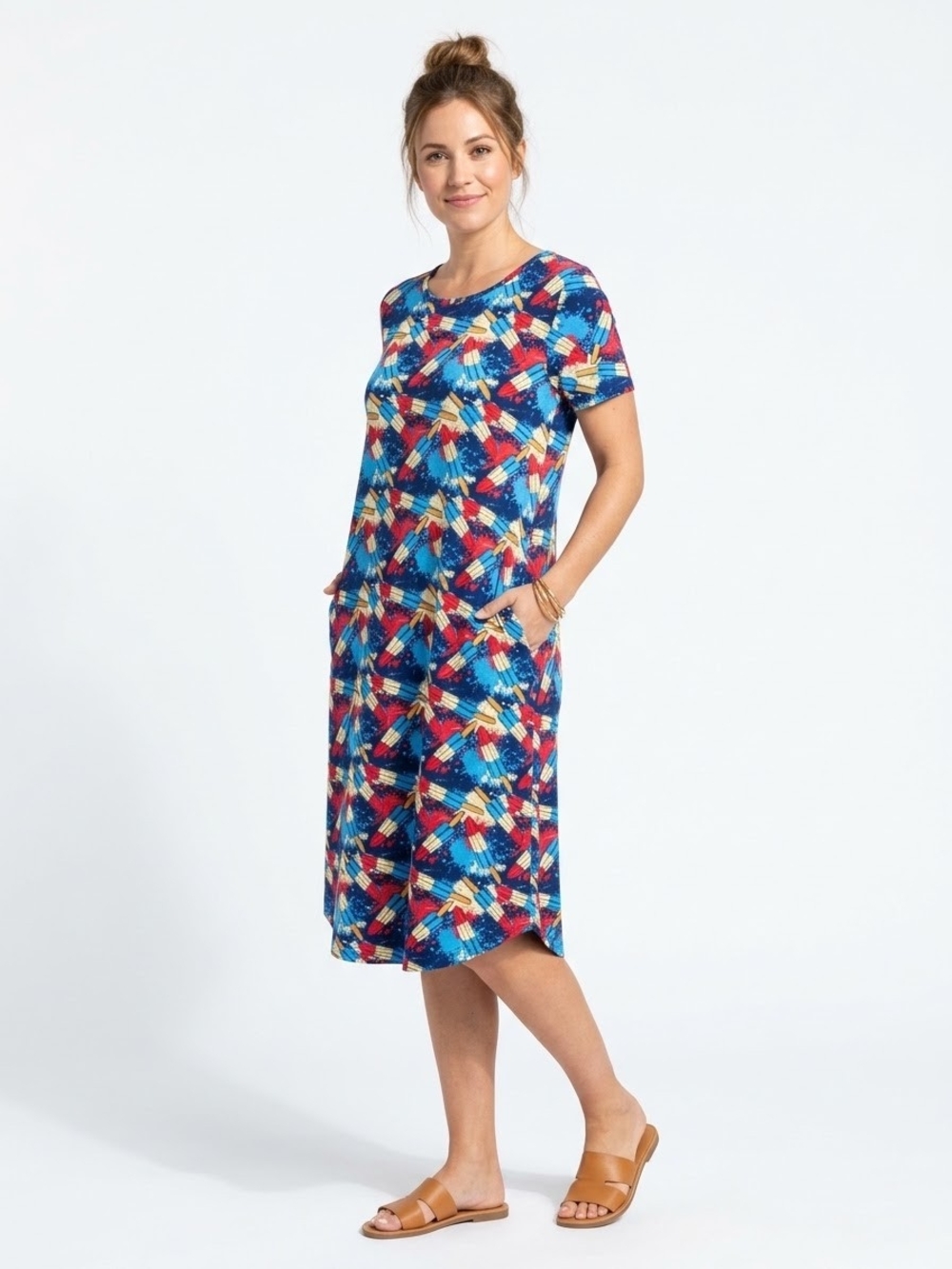 Lularoe Casual Blue Multi-Color Patterned T-Shirt Dress Size 2XL NWOT P2P20.5in